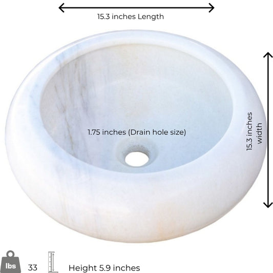 Carrara white marble vessel sink showing polished finish, minimalist design, and drain hole dimensions.