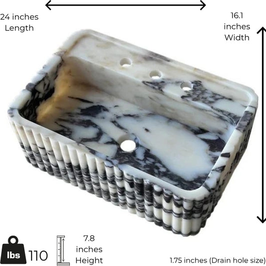 Marble-patterned sink with dimensions and weight displayed