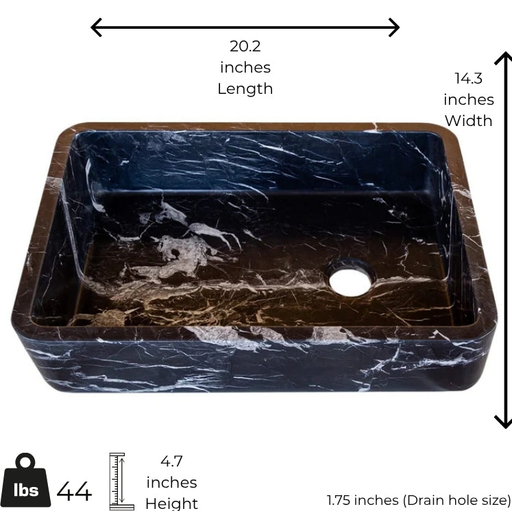 Luxury black marble vessel sink with polished finish in minimalist design, dimensions 20.2x14.3x4.7 inches.