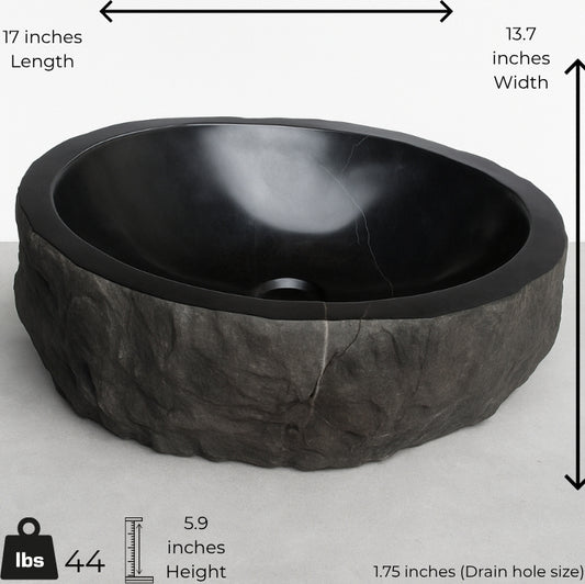 Black stone sink with dimensions labeled on a white background