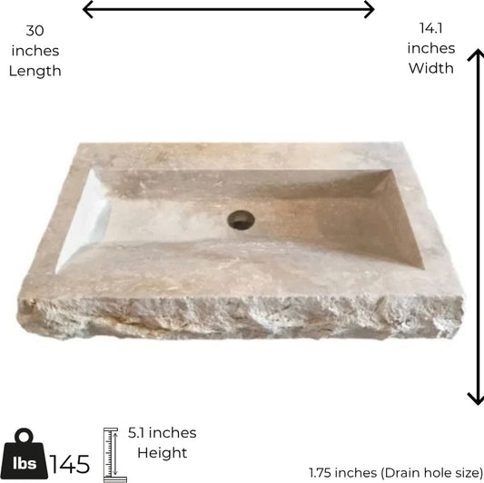 Measurement chart of a stone sink with dimensions and weight.