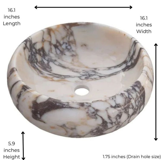 Marble-patterned stone sink with dimensions labeled on a white background