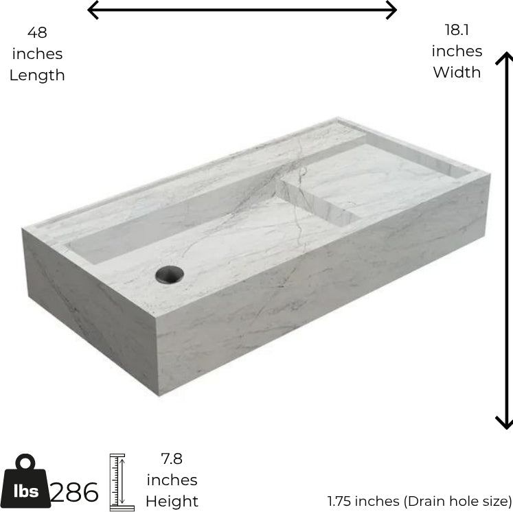 Gray stone sink with dimensions labeled on a white background