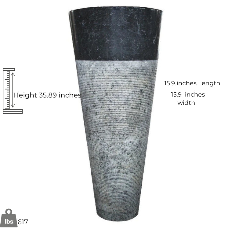 Black and gray conical marble pedestal sink with polished finish, 35.89 inches height, 15.9 inches width.