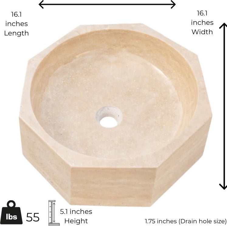 Light beige octagonal marble vessel sink with polished finish, dimensions 16.1" x 16.1" x 5.1" for minimalist bathroom design.