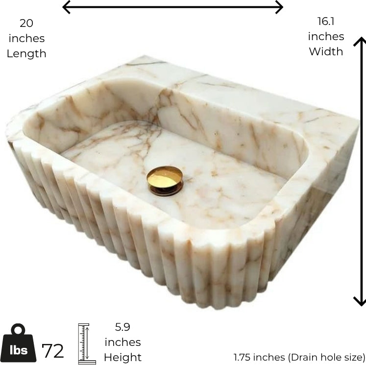 Calacatta marble vessel sink with polished finish, elegant minimalist design, dimensions 20x16.1x5.9 inches.
