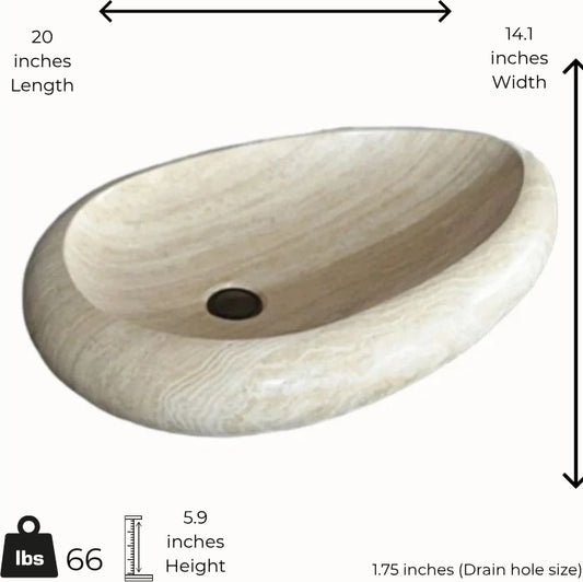 Drop-Pattern Travertine Vessel Sink featuring polished finish, minimalist design, and organic texture. Dimensions: 20 x 14.1 x 5.9 inches.
