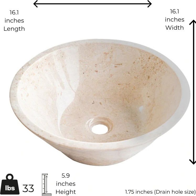 Cappuccino marble vessel sink showing polished finish, minimalist design, and measurements of 16.1 x 16.1 x 5.9 inches.
