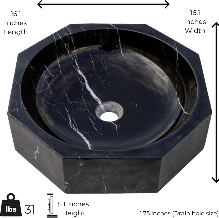 Geometric black marble vessel sink with polished finish, featuring minimalist design and bold lines, dimensions 16.1" x 16.1" x 5.1".