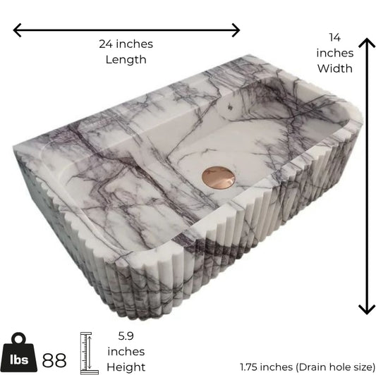 New York marble vessel sink with polished finish, minimalist design, dimensions 24" x 14" x 5.9".