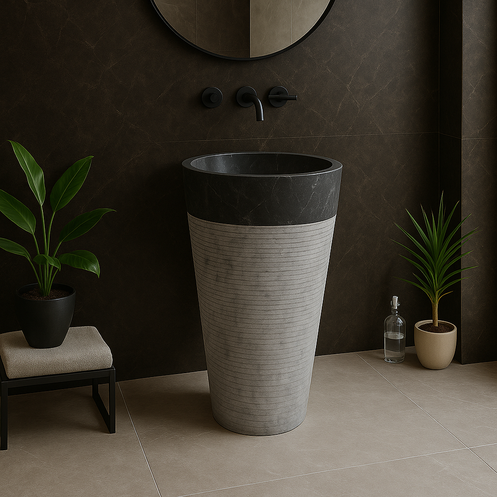 Modern black and gray vessel sink showcasing minimalist design and premium marble craftsmanship in an upscale bathroom setting.