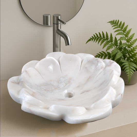 Flower White Marble Vessel Sink ā carved from a single block of natural stone, no two pieces alike