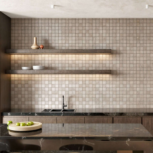 Elegant kitchen featuring travertine mosaic tiles, minimalist design, and polished finishes for timeless sophistication.