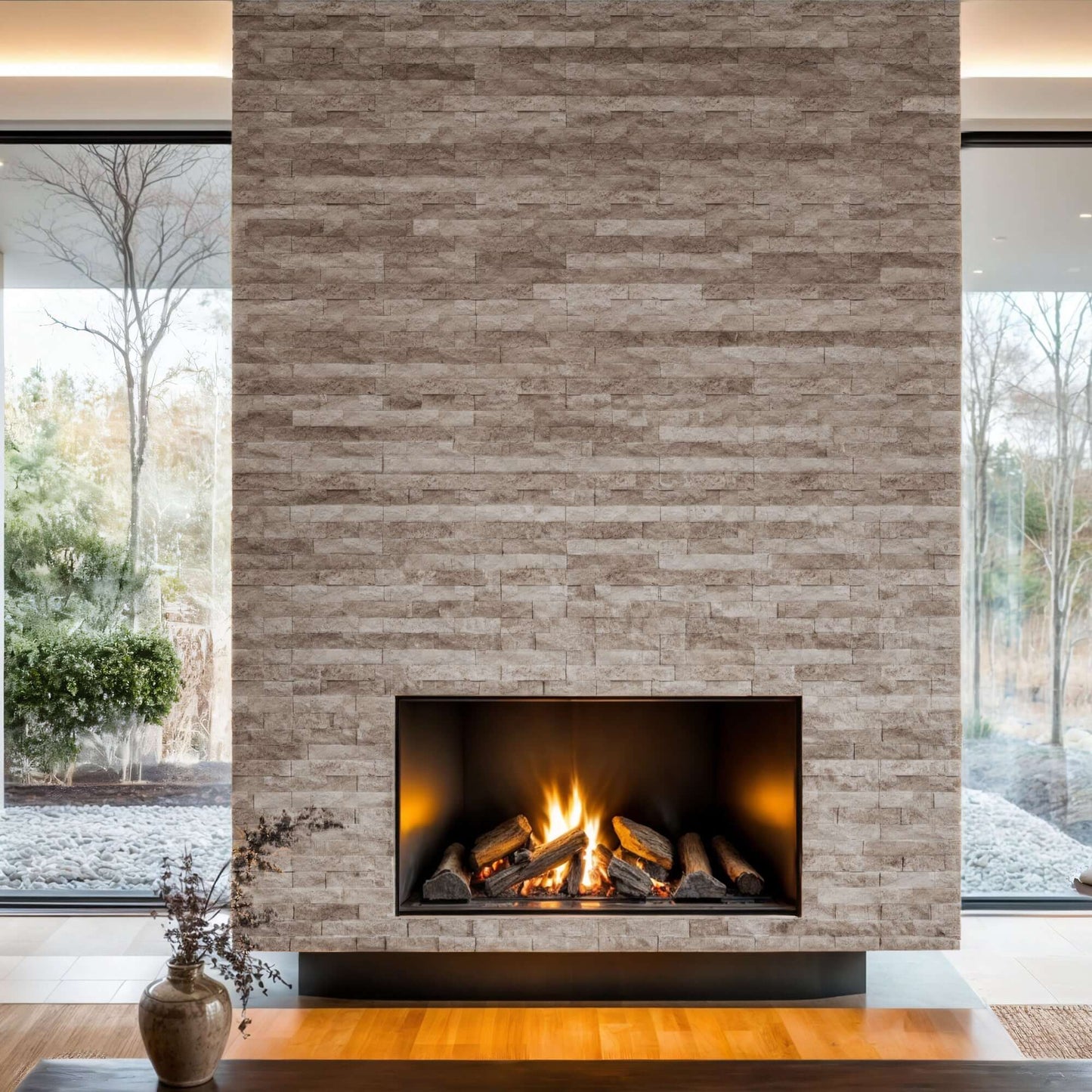 Elegant travertine brick mosaic fireplace design enhancing minimalist interiors with natural stone texture.
