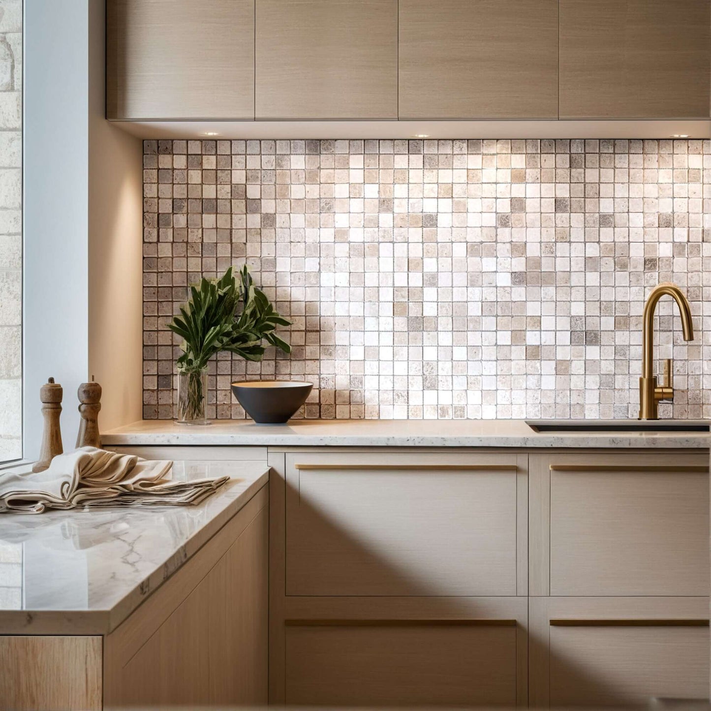 Stylish kitchen featuring a travertine mosaic backsplash and modern cabinetry, showcasing timeless natural stone elegance.