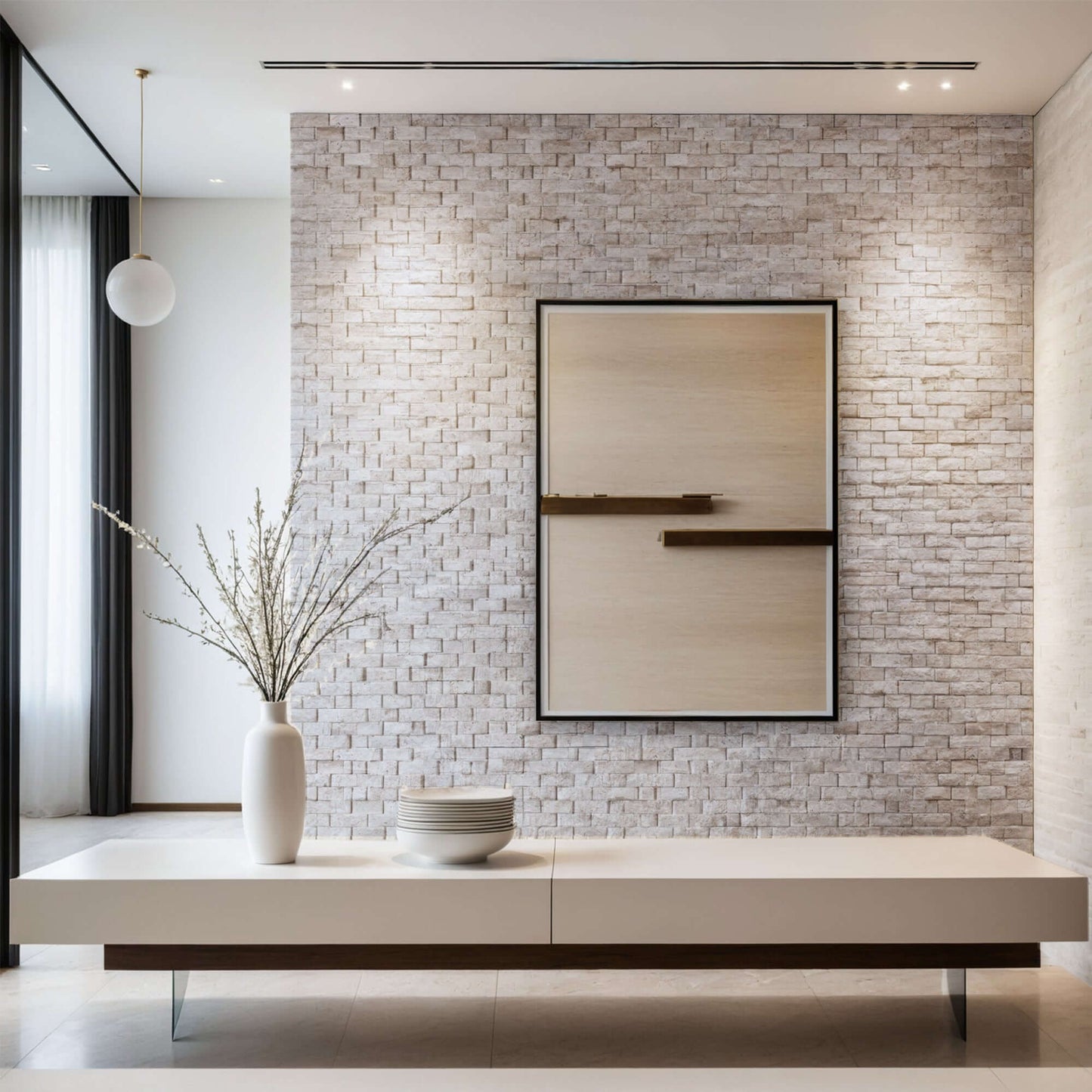 Elegant living room featuring a minimalist design with a travertine accent wall and contemporary decor.