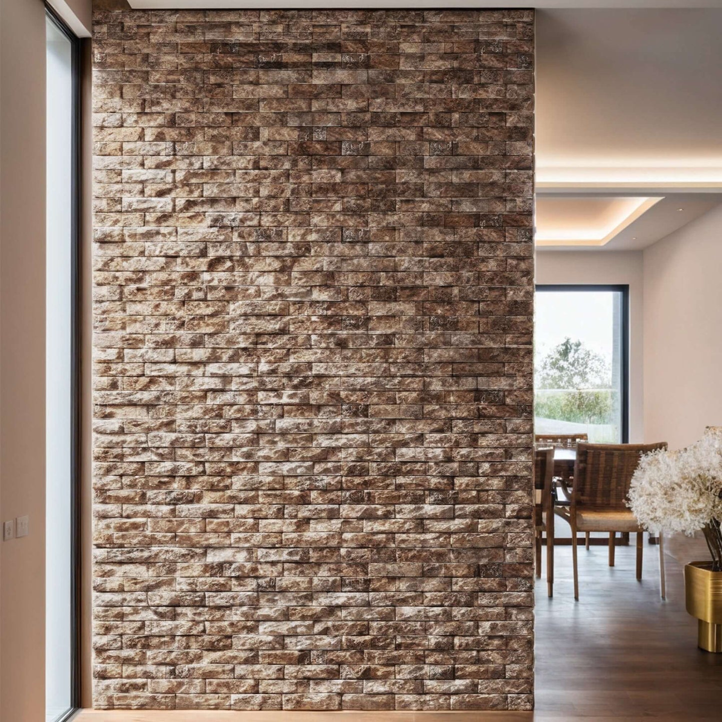 Blasted travertine stone wall, showcasing premium craftsmanship and minimalist design in a modern interior.