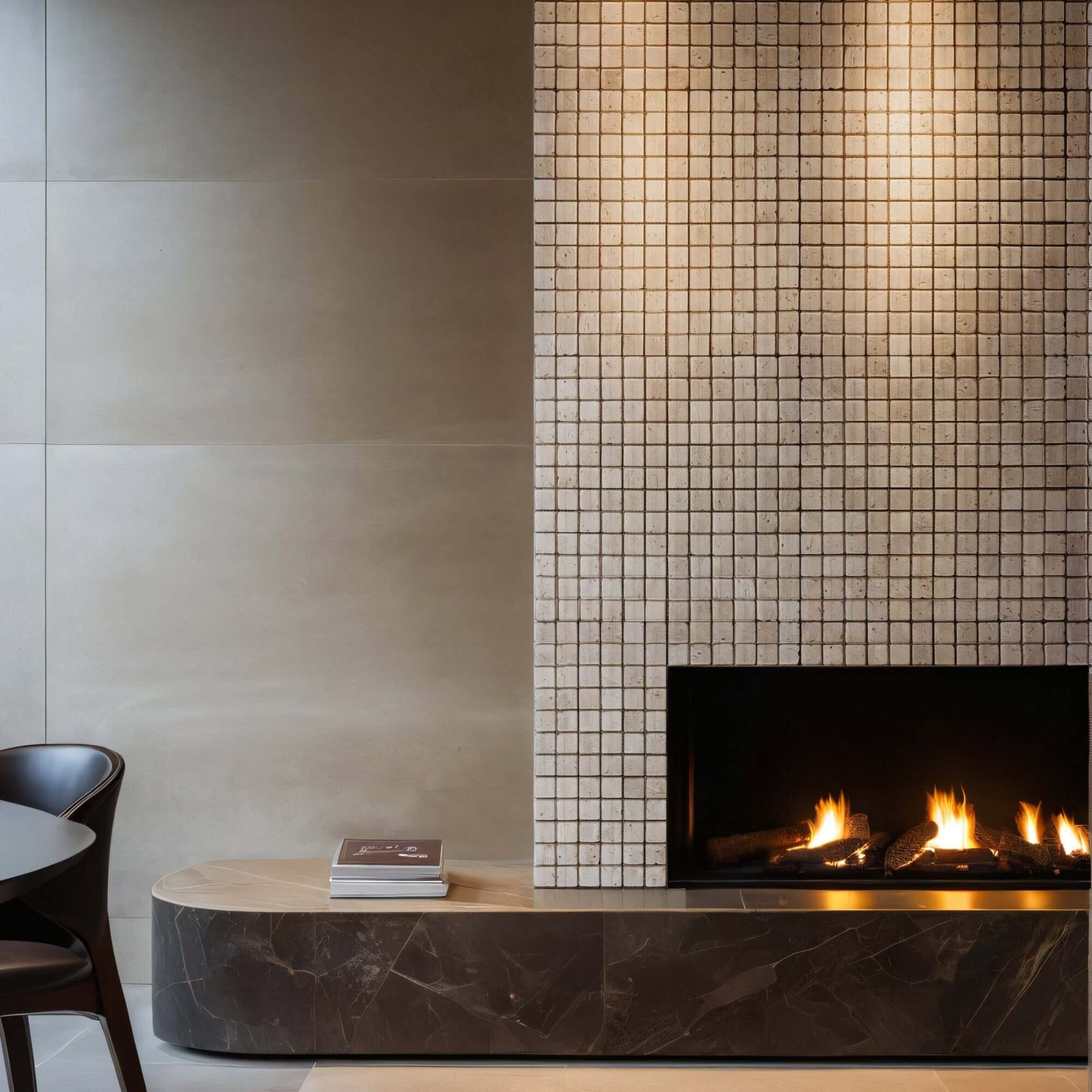 Stylish fireplace featuring a travertine mosaic wall and minimalist design, showcasing natural stone craftsmanship.