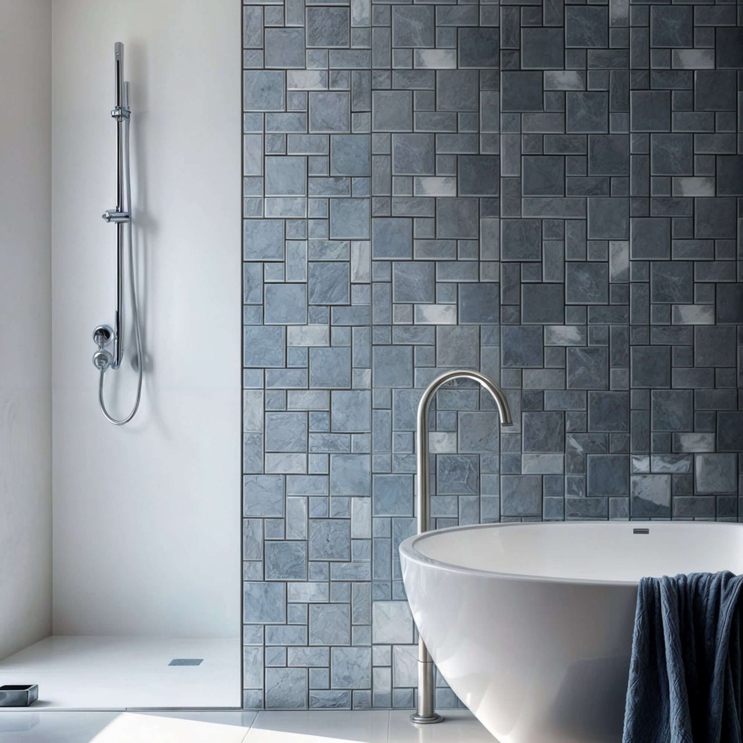 Elegant bathroom showcasing aqua blue natural stone tiles with a polished finish, featuring a minimalist design and vessel sink.