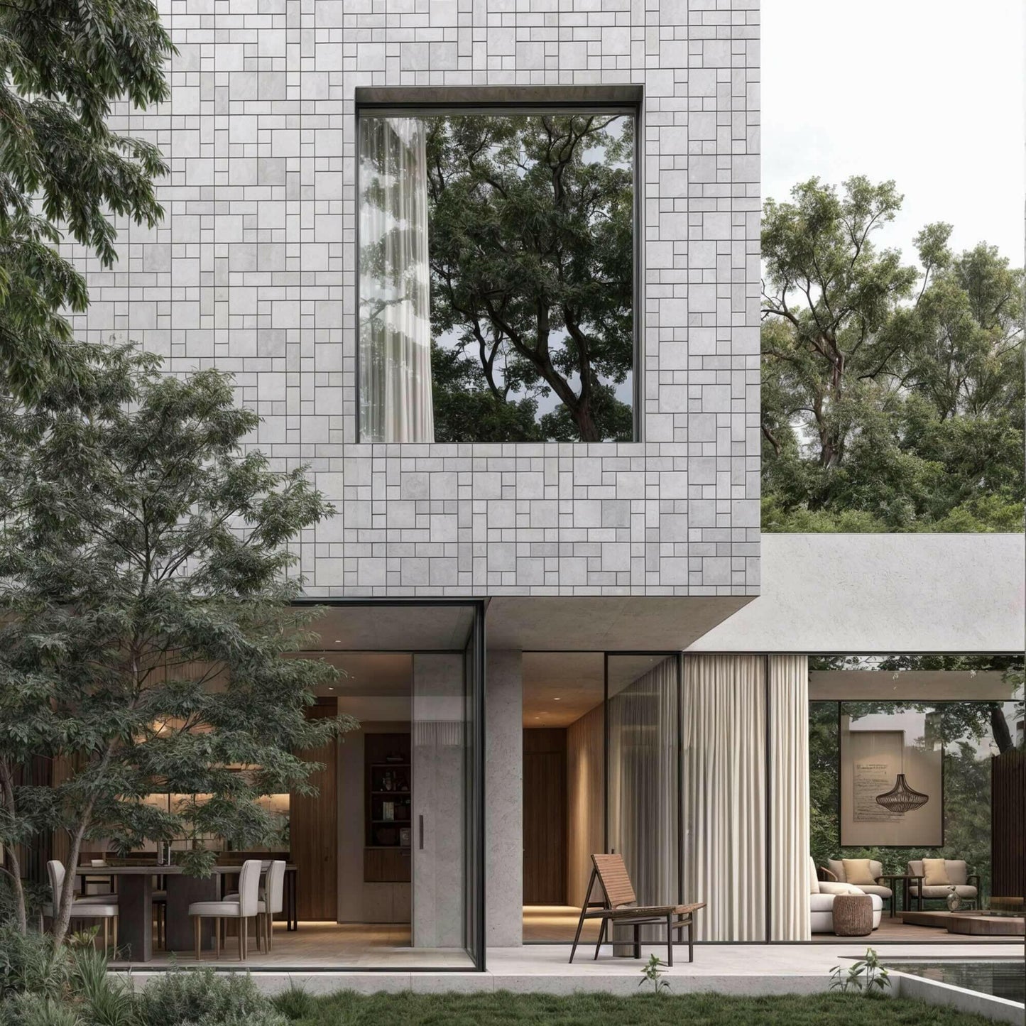 Modern home exterior featuring natural stone facade, large window, and minimalist design with lush greenery.