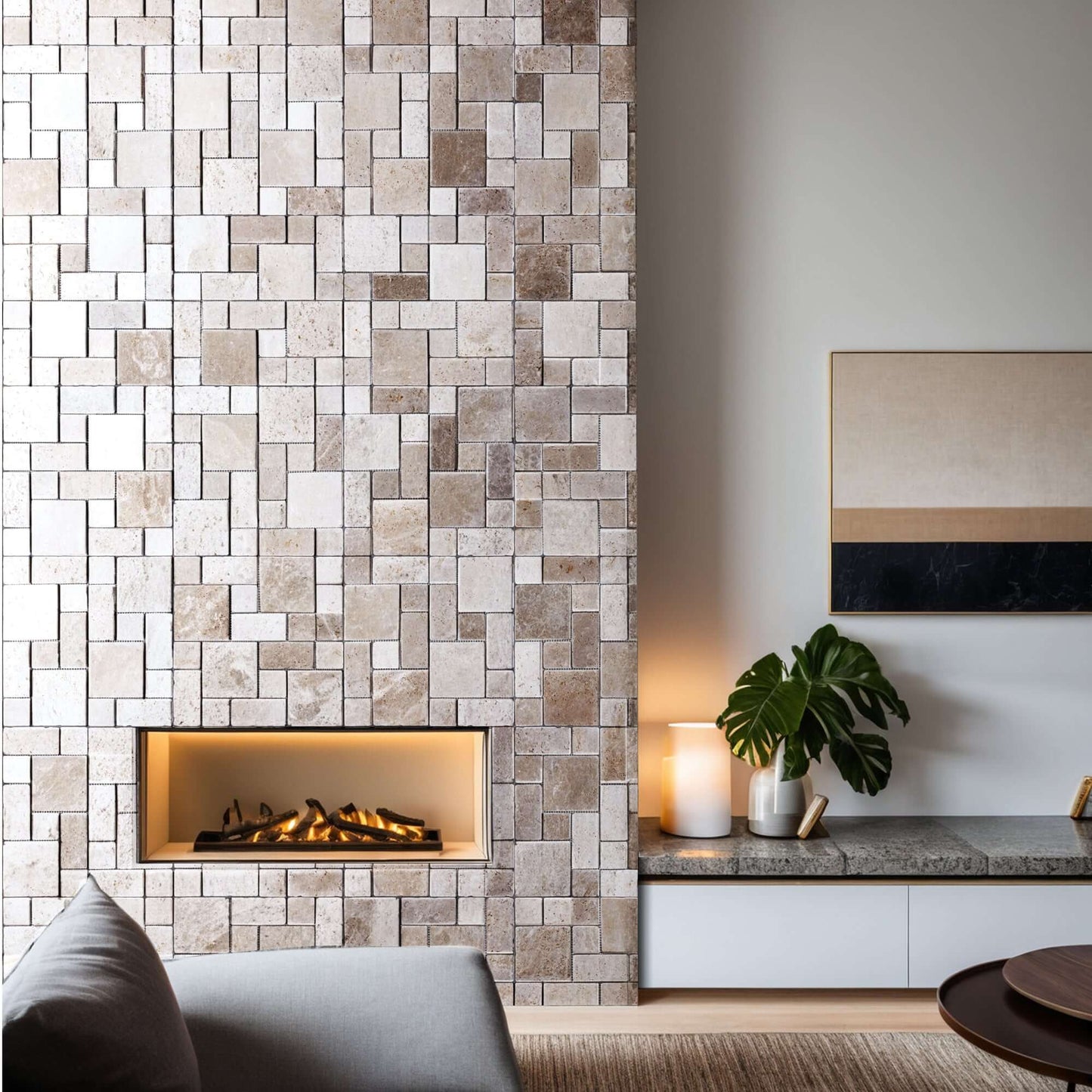 Elegant travertine distressed mosaic tile showcasing intricate mosaic craftsmanship for sophisticated interior design