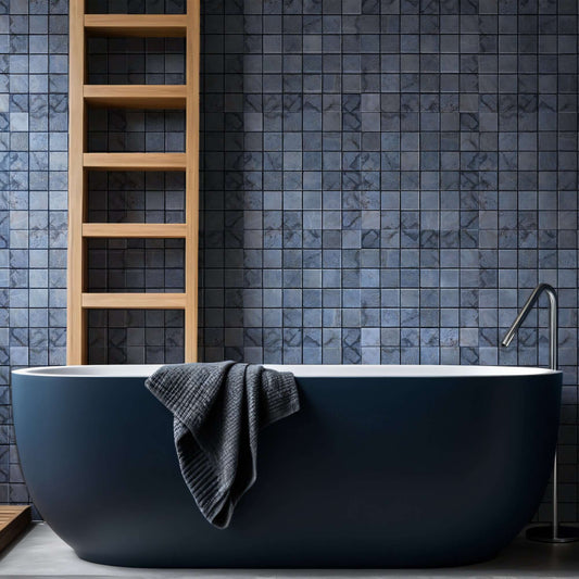 Elegant bathroom featuring a marble mosaic wall, sleek vessel sink, and minimalist design elements.