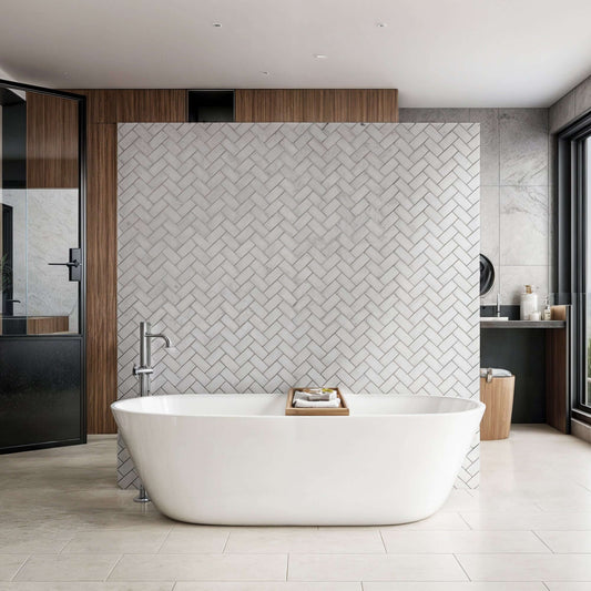 Stylish bathroom featuring a travertine distressed mosaic wall with a freestanding tub and minimalist design.