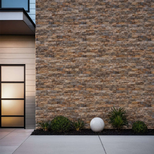 Stylish travertine wall with natural stone texture, enhancing modern architecture and outdoor spaces.