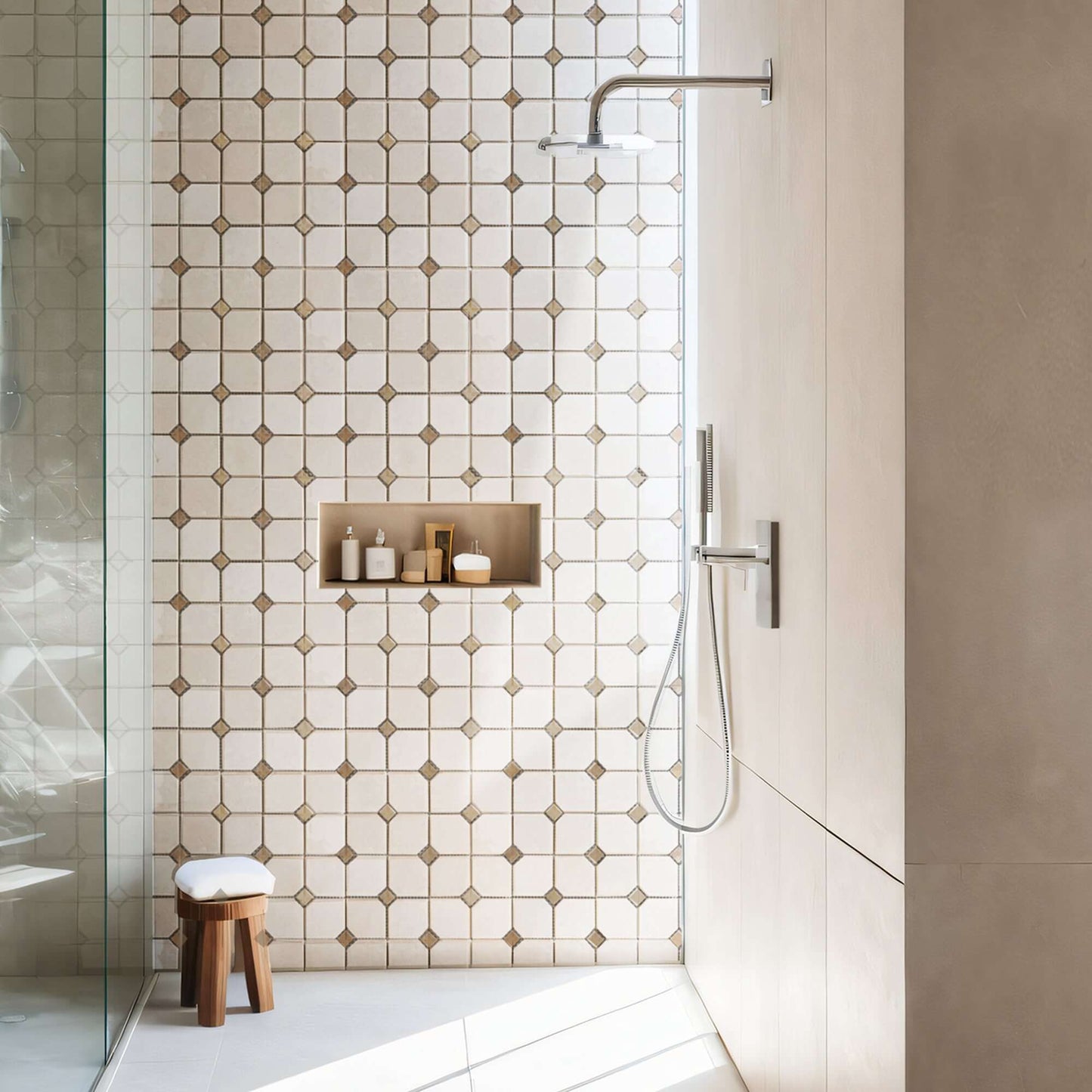 Beige marble mosaic shower wall with polished finish, showcasing minimalist design and elegant craftsmanship.