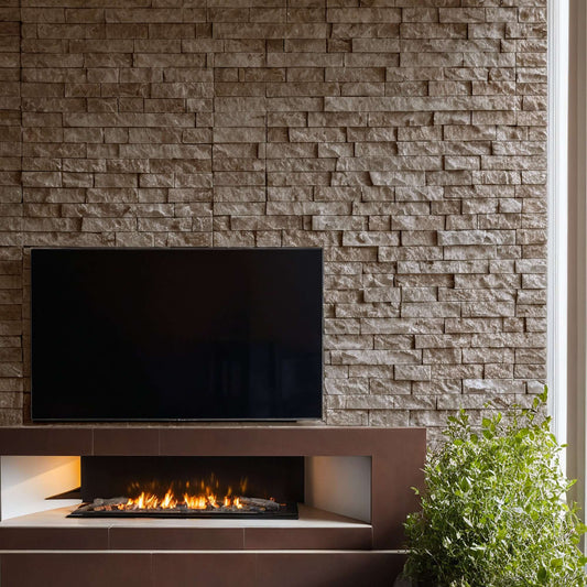 Travertine blasted brick mosaic wall feature behind a sleek TV, complementing a modern fireplace and indoor greenery.