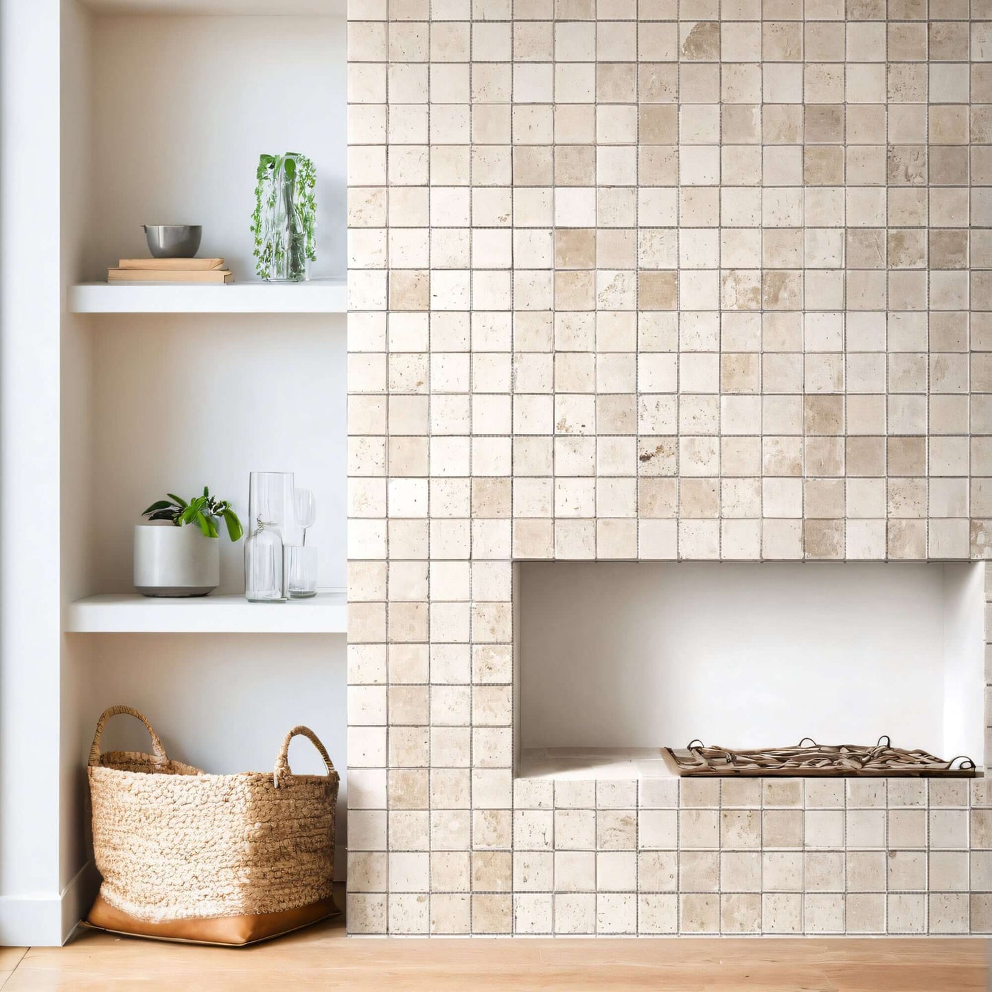 Elegant travertine mosaic fireplace wall showcasing timeless design and natural stone beauty in a minimalist living space.