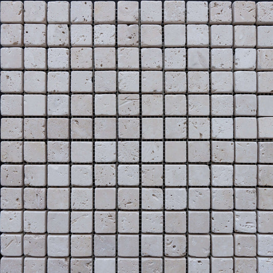 Premium travertine mosaic tiles in a 2.5x2.5cm size, showcasing a polished finish and minimalist design.