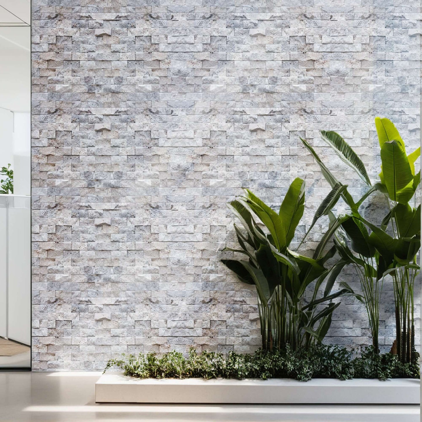 Silver travertine blasted mosaic wall, showcasing premium natural stone craftsmanship with vibrant greenery.