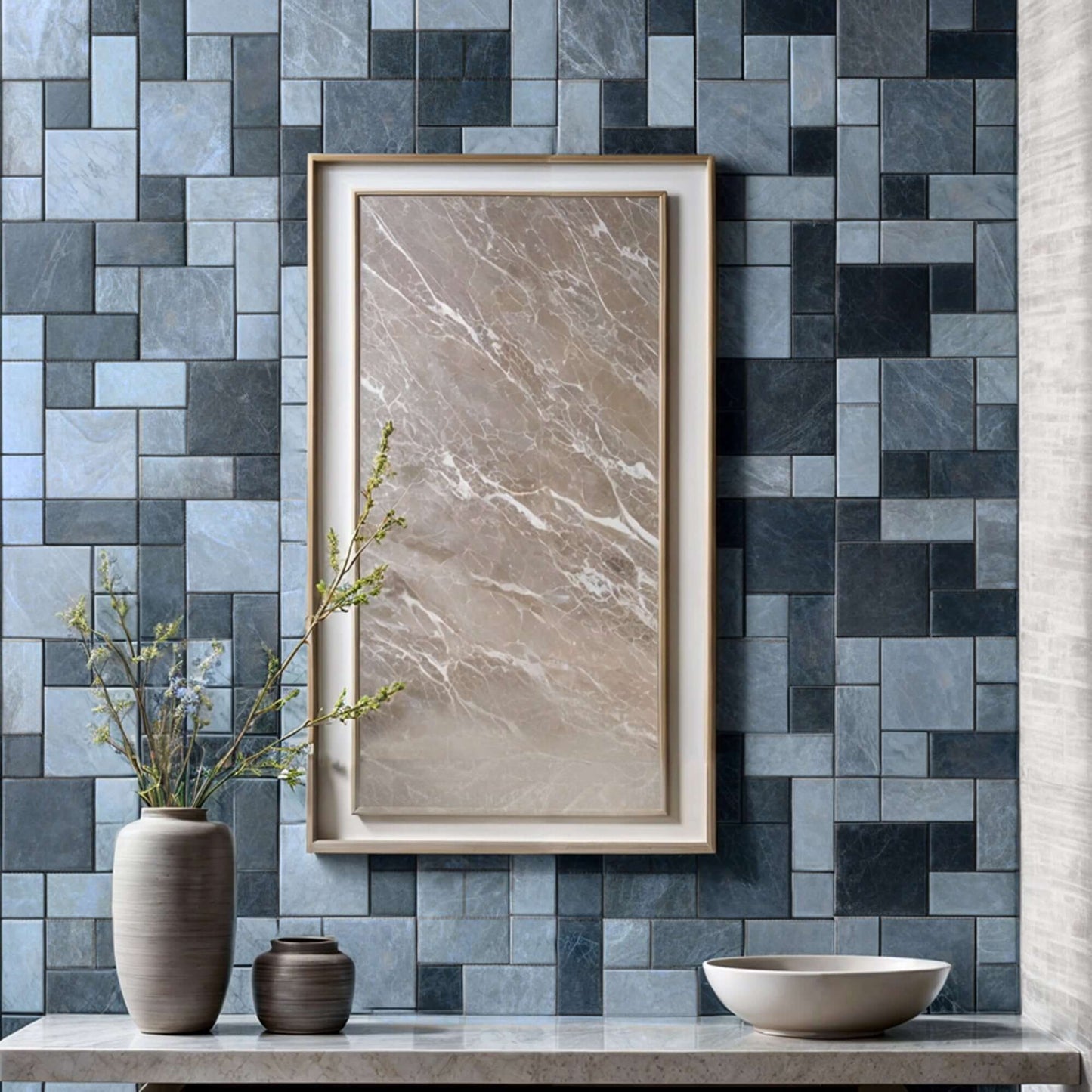 Aqua blue patterned natural stone wall with a framed marble mirror and minimalist decor elements.