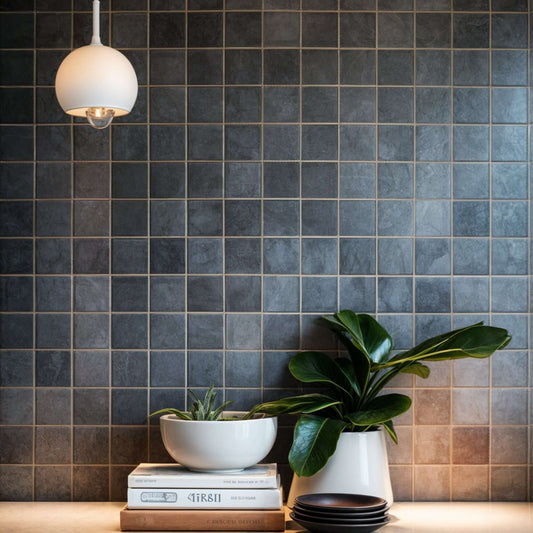 Elegant grey marble mosaic tiles with a minimalist design, enhanced by stylish decor elements.