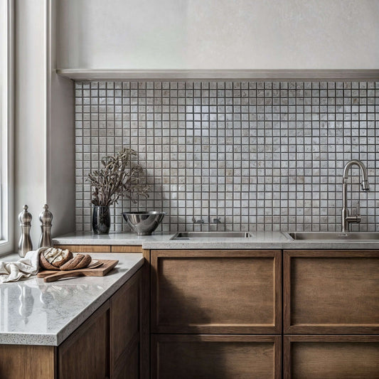 Stylish kitchen featuring Traverten Antiquing Mosaic backsplash, polished stone, and minimalist design for modern elegance.