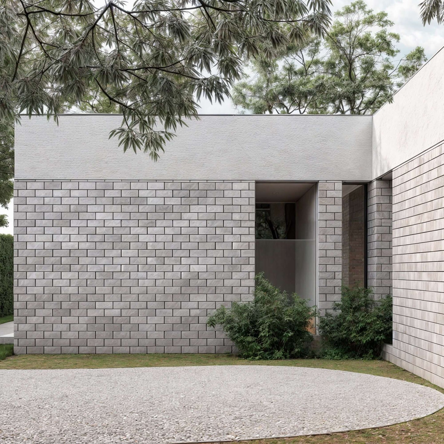 Contemporary building featuring natural stone walls, showcasing sleek minimalist design and quality craftsmanship.