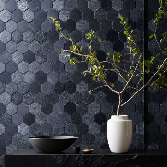 Black marble hexagon tiles on a wall, showcasing elegant minimalist design and polished finish, perfect for premium spaces.