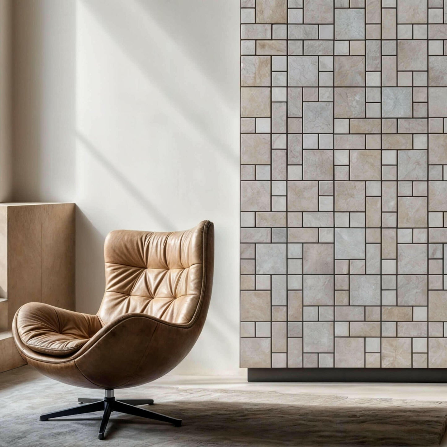 Blasted natural travertine pattern wall with a stylish leather chair, showcasing minimalist design and premium craftsmanship.
