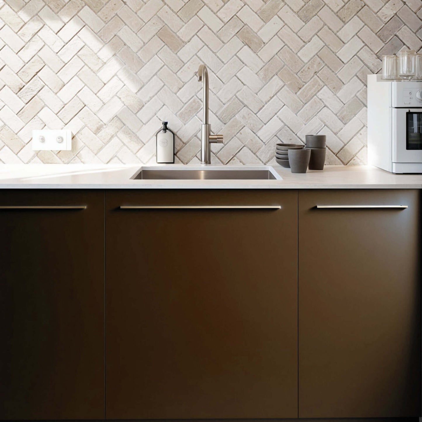 Modern kitchen with travertine distressed mosaic backsplash and minimalist design, featuring a vessel sink.