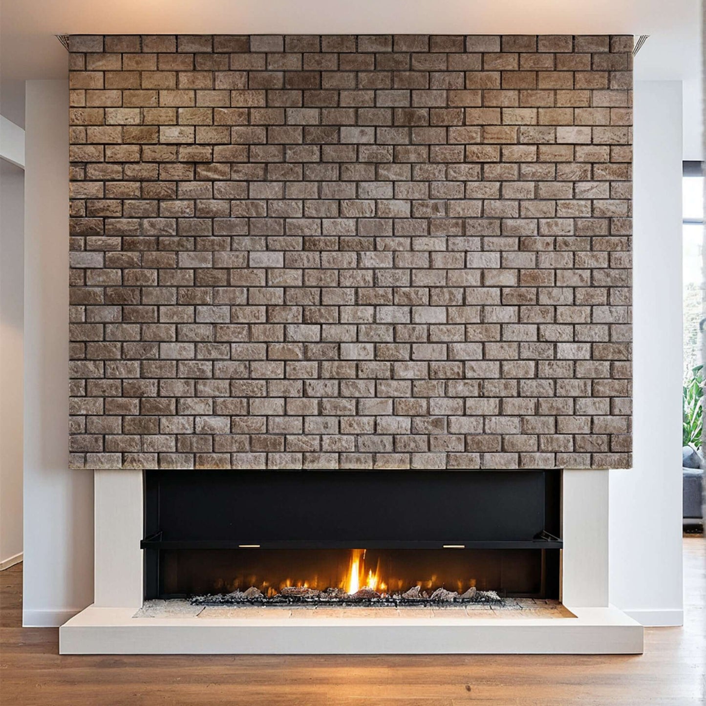 Elegant fireplace with a natural stone brick wall, enhancing minimalist interior design with timeless craftsmanship.