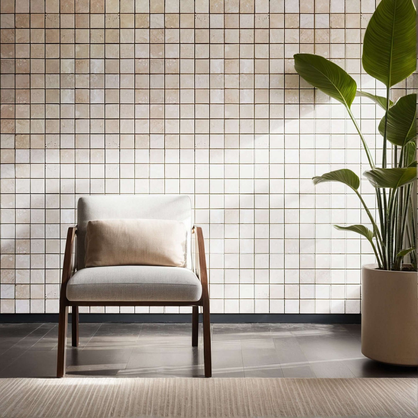Stylish chair in front of a travertine mosaic wall; perfect for minimalist interiors and natural stone elegance.
