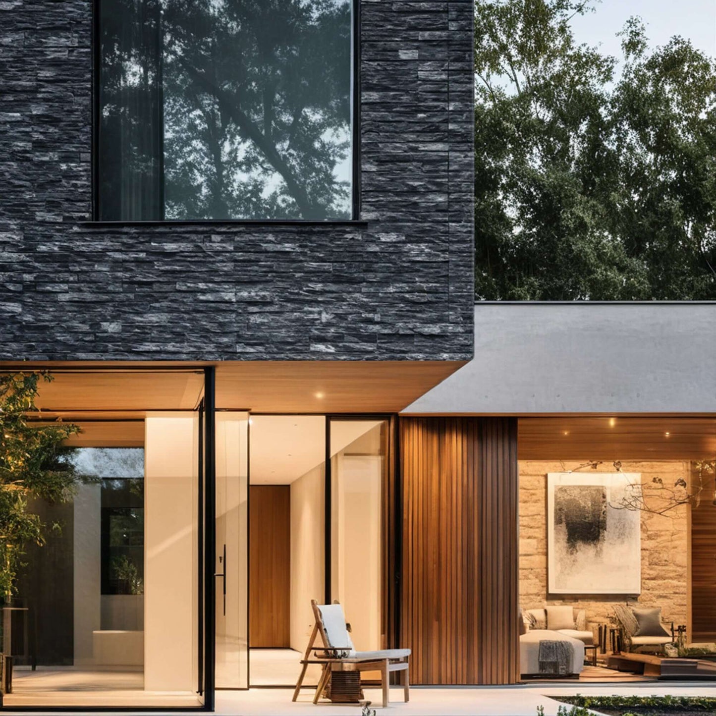 Modern home exterior featuring black marble stone and warm wood accents with minimalist design and large glass windows.
