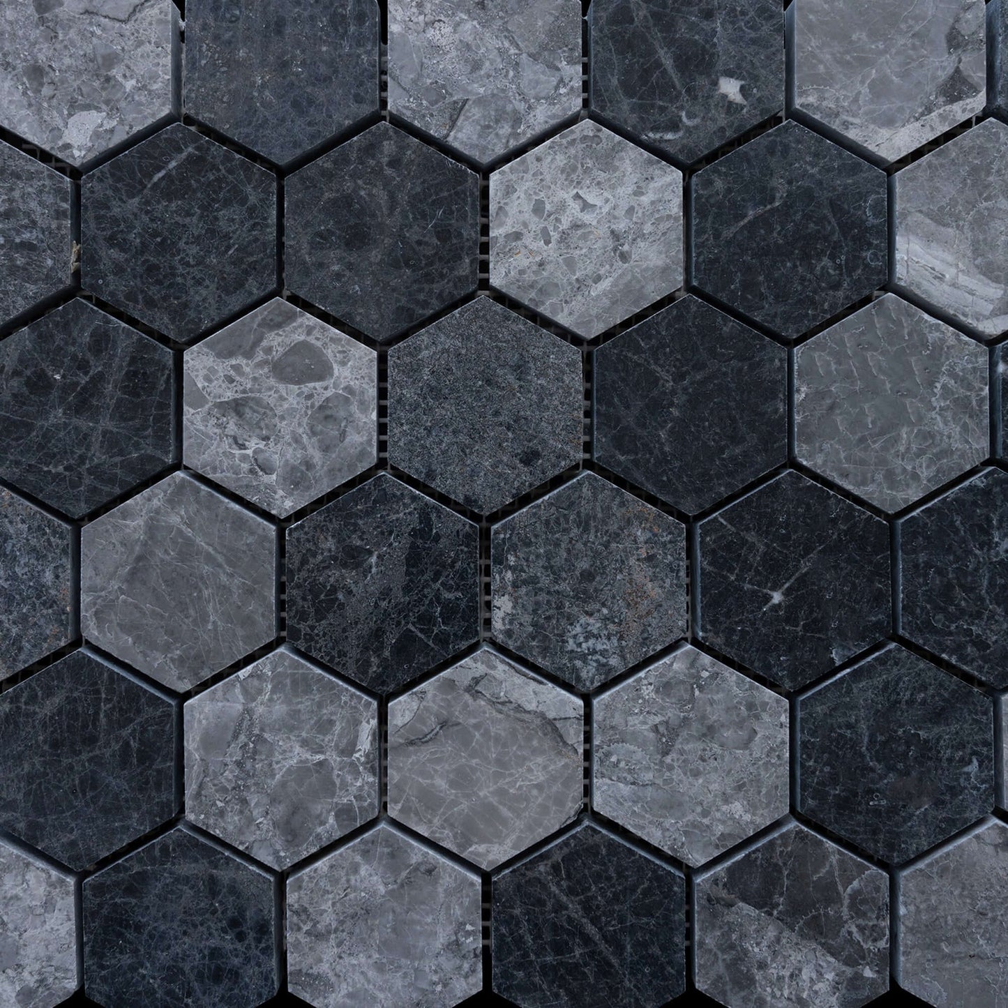 Black marble hexagon tiles measuring 30x30, showcasing premium quality and polished finish for elegant spaces.