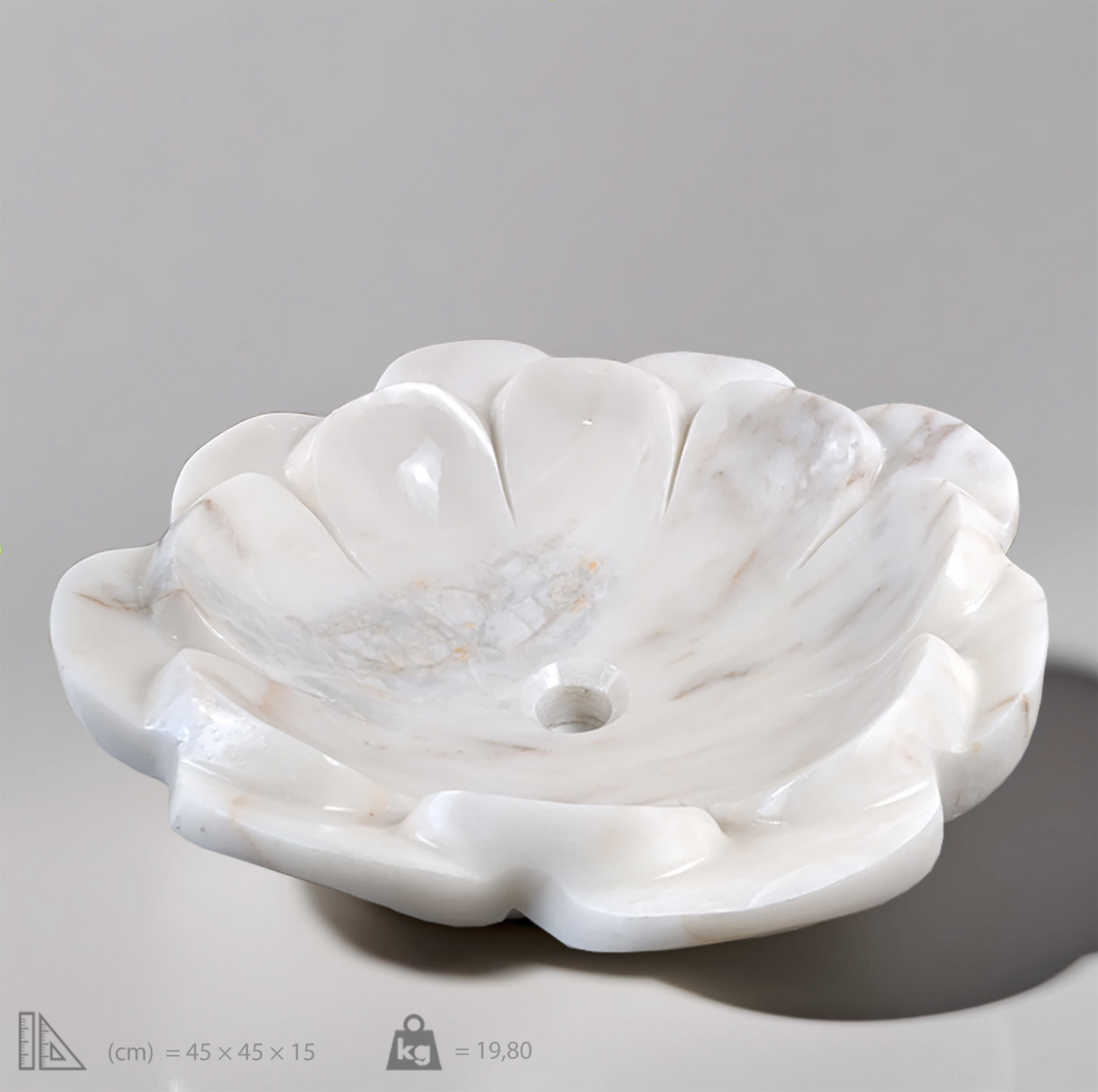 White marble flower-shaped vessel sink with polished finish, showcasing minimalist design and premium craftsmanship.