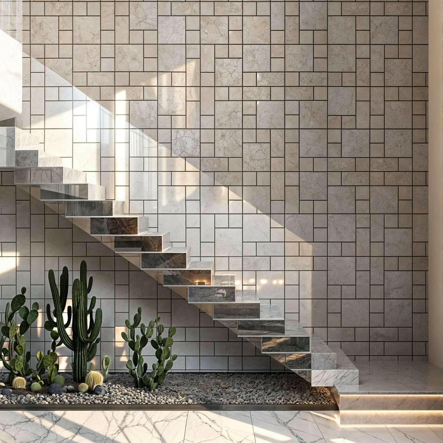 Elegant travertine staircase with polished finish and minimalist design, enhancing natural stone beauty in interior spaces.