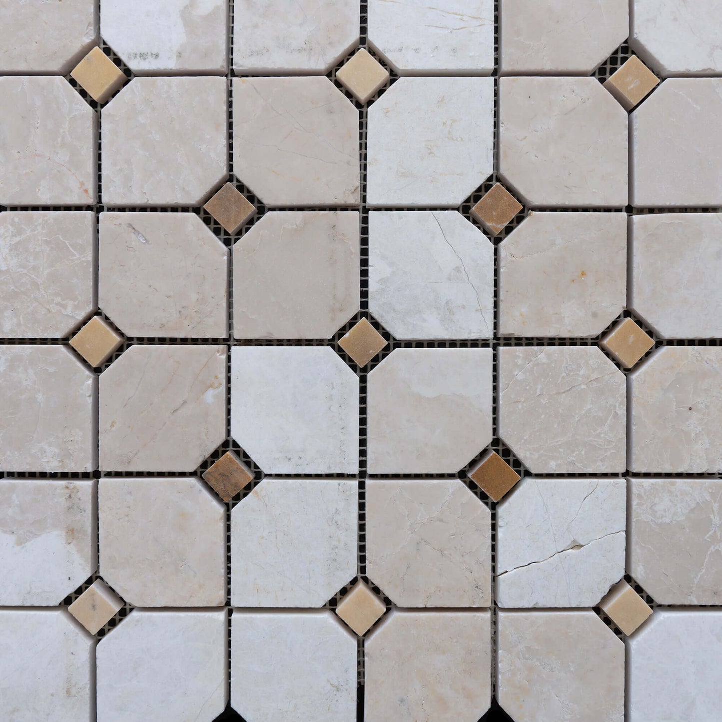 Beige marble mosaic tile, featuring elegant geometric pattern with polished finish, ideal for minimalist design.