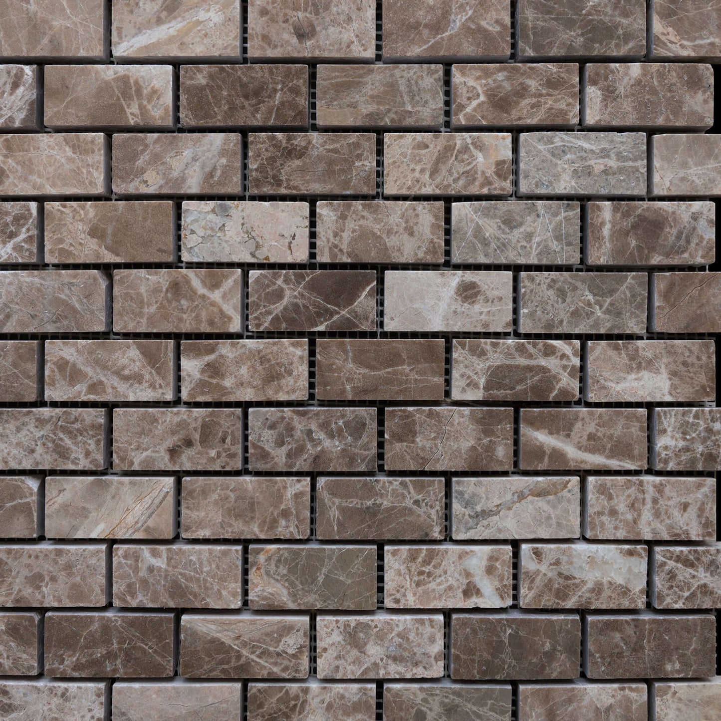 Emperador Marble Mosaic 2.5x5 with polished finish, showcasing natural stone in a minimalist design for elegant spaces.
