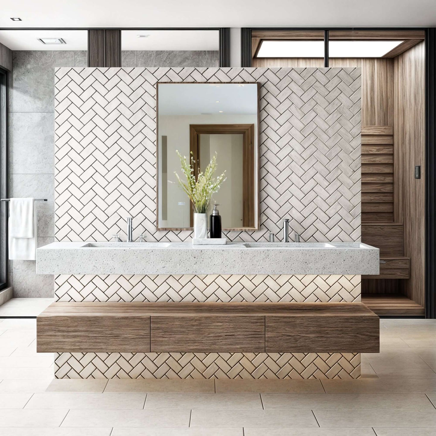 Elegant bathroom featuring travertine distressed mosaic tiles and a minimalist design with a polished vessel sink.