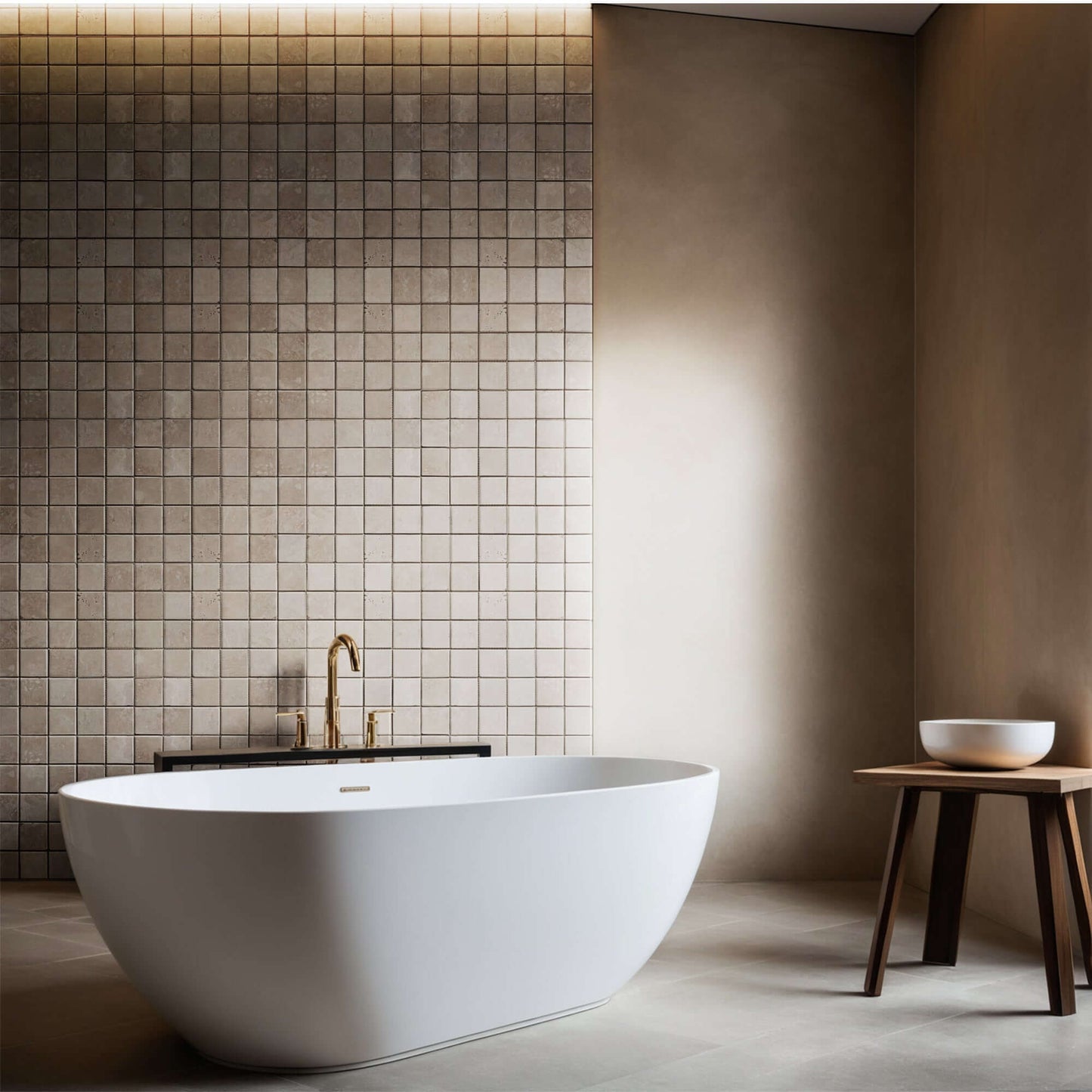Elegant bathroom featuring a freestanding tub, travertine tiles, and minimalist design highlighting timeless stone craftsmanship.